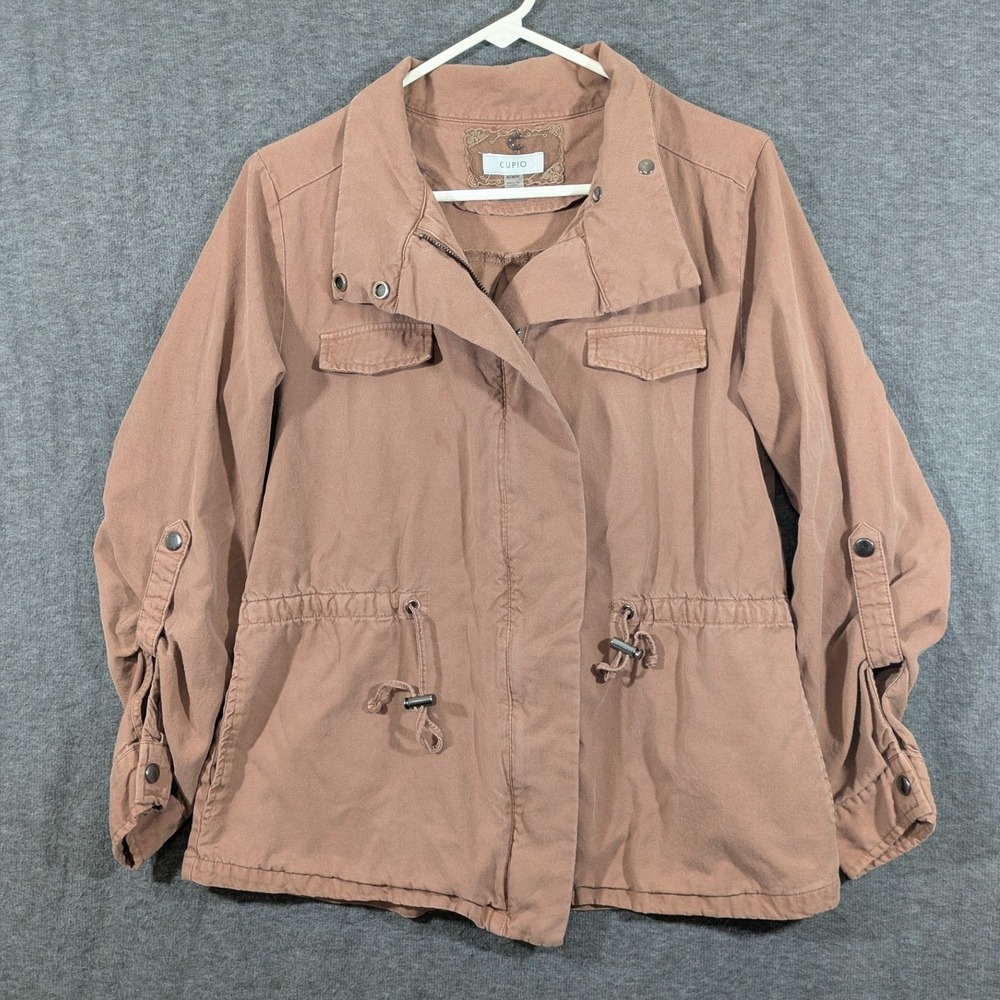 Cupio Women Tan Beige Lyocell Cotton Utility Jacket Drawstring Waist Size M